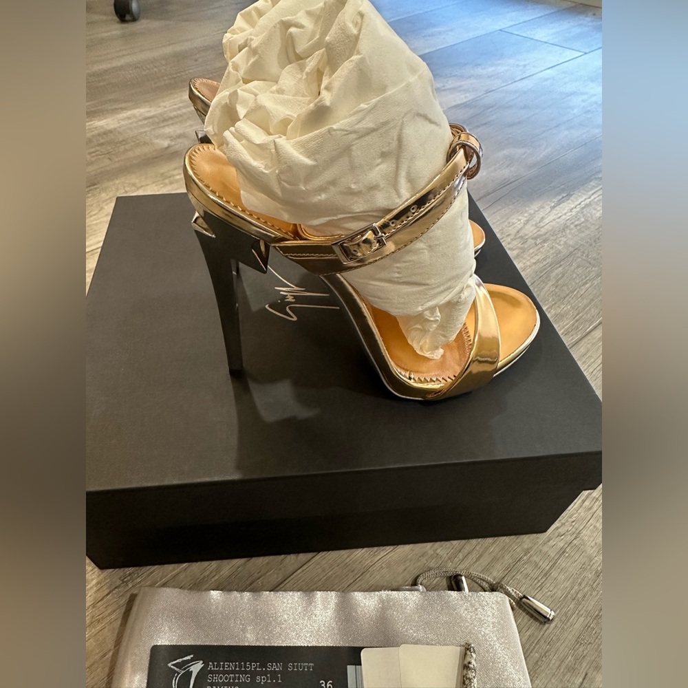 Giuseppe Zanotti G Heel Lightning Bolt Metallic Gold Patent Leather Heels